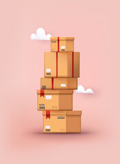 Carton delivery packaging with fragile signs. 3D Vector Illustrations.