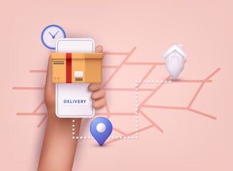 Hand holding mobile smart phone with app delivery tracking. 3D Vector Illustrations.
