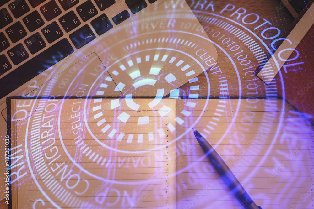 Poster multi exposure of data theme drawing hologram over topview work desk background with computer. conce