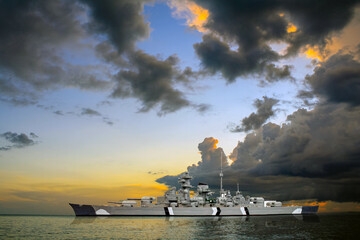 Bismarck ( Germany) battleship model with sunset sky ,hobby, childhood;,