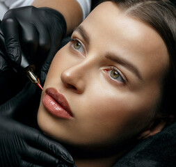 Wonderful brunette woman having lip permanent makeup - obrazy, fototapety, plakaty