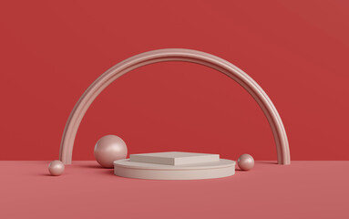 Empty product stand with circle frame on red background,3d rendering.