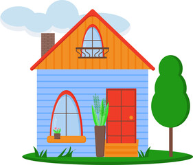 Country house with balcony. Stock vector flat Illustration.