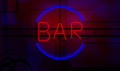 Red Neon Bar Sign in the Dark