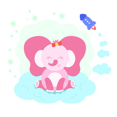 Cartoon pink cute baby elephant with bow sit on blue cloud with fly rocket isolated on white background