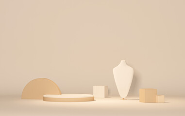 Minimal scene with podium and Stand holder . Pastel cream and beige colors scene. Trendy 3d render...