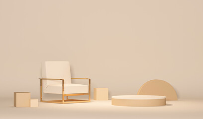 Minimal scene with podium and armchair . Pastel cream and beige colors scene. Trendy 3d render for...