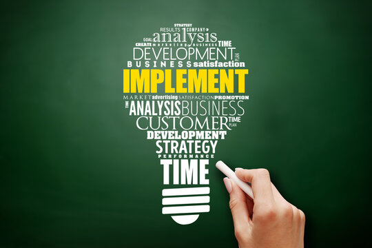 Implement light bulb word cloud collage, business concept on blackboard