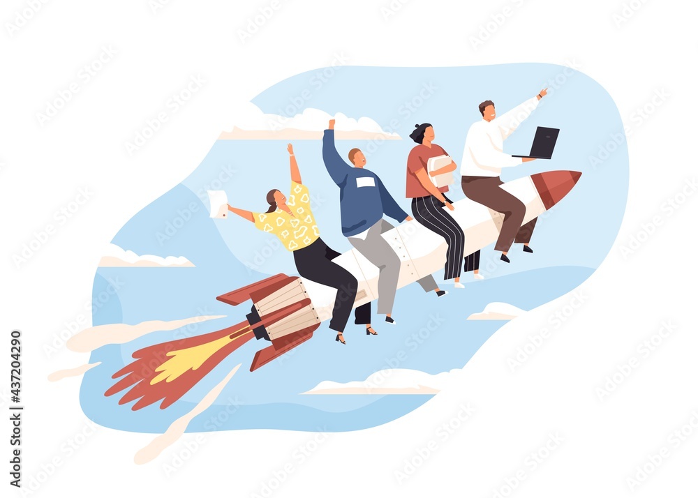 Poster launch of business startup concept. team of entrepreneurs flying up on rocket. group of people on wa