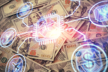 Double exposure of data theme drawing over us dollars bill background. Technology concept.