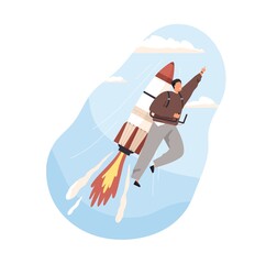 Fast successful launch of business startup concept. Ambitious man on rocket, developing and achieving career goals. Colored flat vector illustration of entrepreneur isolated on white background