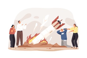 Business fail, startup failure, and crisis concept. Unhappy unsuccessful entrepreneurs at fallen rocket. Hard problems in start up project. Flat vector illustration isolated on white background