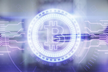 Double exposure of crypto currency theme drawing hologram over coffee cup background in office. Concept of international blockchain.