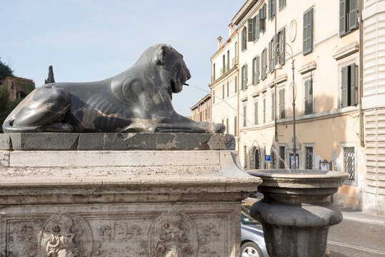 Egyptian lions at the foot of the stairs Cordonata. Rome