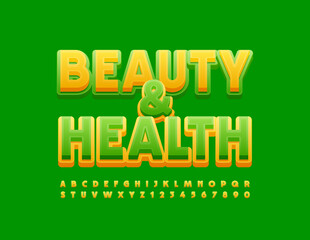Vector green emblem Beauty and Health. Stylish modern Font. Bright Alphabet Letters and Numbers set