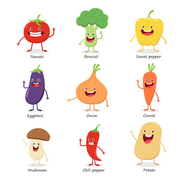 Vegetable cute cartoon characters emotions set, Funny vegetarian food mascot, Veggies face emoji icon, Vector illustration