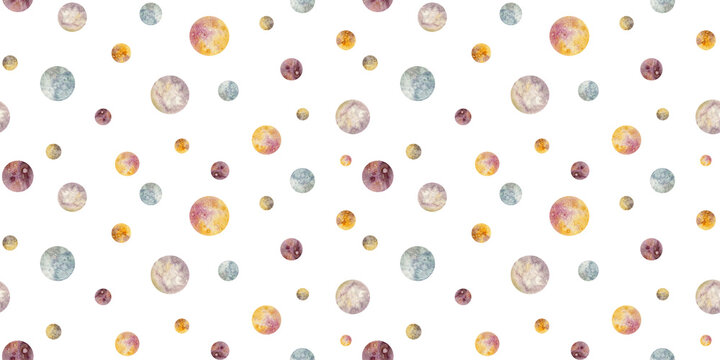 Watercolor hand drawn geometric seamless pattern with planets on white background. Space spheres. Multicolored abstract spots.