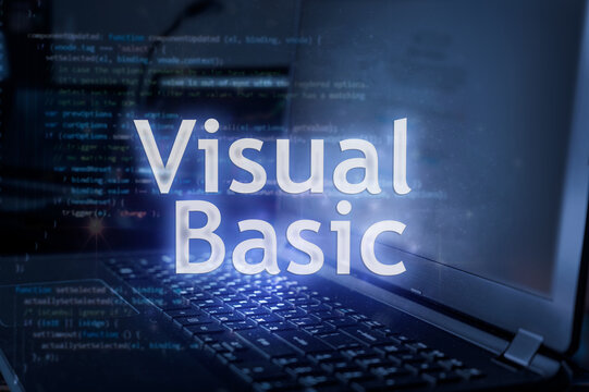 Visual Basic inscription against laptop and code background. Learn programming language, computer courses, training.
