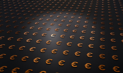 EUR Currency Symbol in gold as symmetric pattern on a dark brown background. 3D illustration