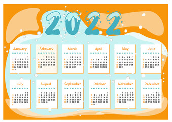 Wall minimalistic calendar for 2022. Horizontal A4 template. Bright contrasting colors - orange and light blue. Cute print for home and office. Week starts on Sunday. Vector illustration EPS 10.