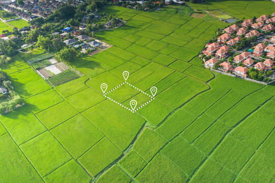 Land plot in aerial view. Gps registration survey of property, real estate for map with location, area. Concept for residential construction, development. Also home or house for sale, buy, investment.