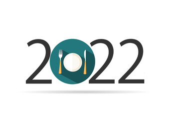 Happy new year 2022. Year 2022 with restaurant, fork and knife icon
