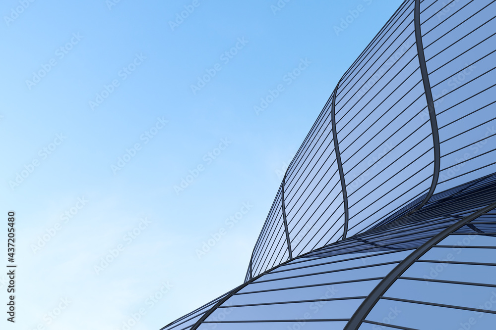 Aufkleber Low angle view of futuristic architecture, Skyscraper of office building with curve glass window, 3D rendering.