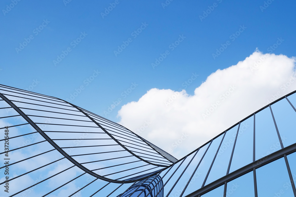 Poster Low angle view of futuristic architecture, Skyscraper of office building with curve glass window, 3D rendering.