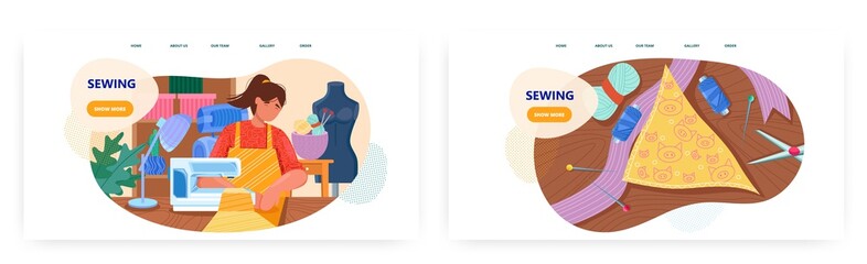 Tailoring workshop landing page design, website banner vector template set. Atelier. Seamstress, tailor sewing clothes.