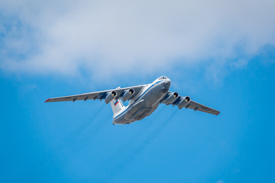 Moscow, Russia - May, 05, 2021: IL-76 A50U Russian Air Forces will fly over Kremlin and red square during the General rehearsal of the parade celebrating Victory Day in Moscow.