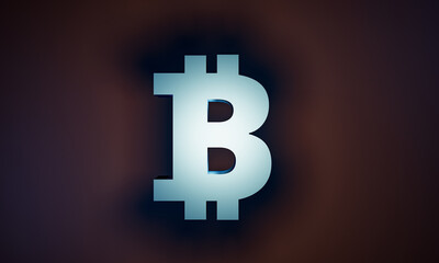 Digital crypto currency Bitcoin. Single Bitcoin currency symbol in glossy white bluish metallic on a dark background. 3D illustration