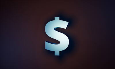 US dollar. Single USD currency symbol in glossy white bluish metallic on a dark background. 3D illustration