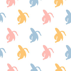 Seamless vector pattern with cute hand drawn banana. Fun fruity background for kids room decor, fashion, nursery art, package, wrapping paper, textile, print, fabric, wallpaper, card, gift.