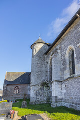 Fototapeta na wymiar Saint Martin de Blosseville (Eglise Saint-Martin de Blosseville or Eglise Saint-Lezin) - catholic church dates 12 - 16th centuries. Blosseville, Seine-Maritime, Normandy, France.