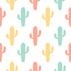 Seamless vector pattern with cute hand drawn cacti. Funny desert plants background for kids room decor, fashion, nursery art, package, wrapping paper, textile, print, fabric, wallpaper, card, gift.