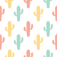 Seamless vector pattern with cute hand drawn cacti. Funny desert plants background for kids room decor, fashion, nursery art, package, wrapping paper, textile, print, fabric, wallpaper, card, gift.