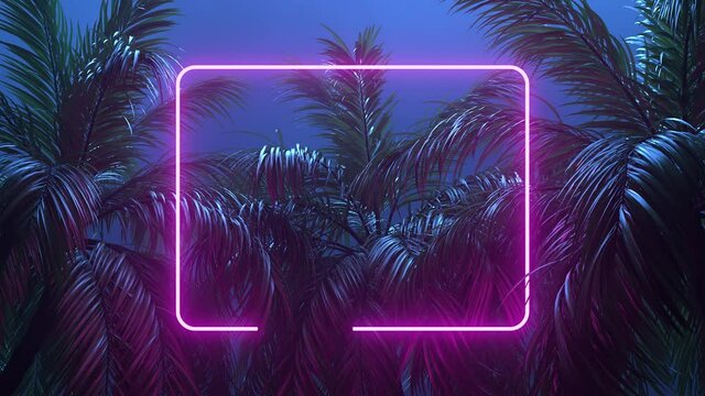 Retrowave glowing rectangle frame appears in the tropical palm tree