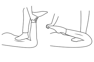 Massage. Yumeiho therapy line. Instructions for performing massage techniques, kneading and stretching the thigh muscles. Simple vector illustration for physical therapy guidelines, websites and