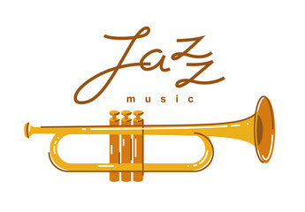 Jazz music emblem or logo vector flat style illustration isolated, trumpet logotype for recording label or studio or musical band.