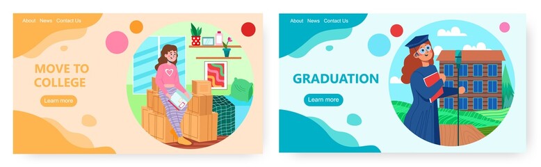 Education landing page design, website banner vector template set. Student moving to college and celebrating graduation.
