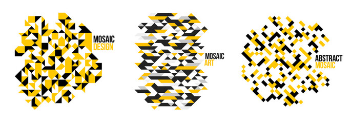 Abstract bright black and yellow mosaic vector backgrounds set, artistic design elements trendy modern style graphics, texture pattern beautiful digital art.