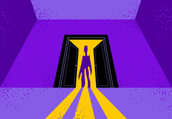 Nightmare monster comes into dark room bedroom vector stylish illustration, funny cartoon ghost creature frightening looking inside, horror theme drawing.