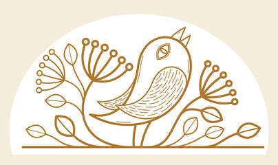 Fototapeta premium Beautiful bird on a branch linear floral vector design isolated on white, leaves elegant text divider border element for layouts, fashion style classical emblem, luxury vintage graphics.