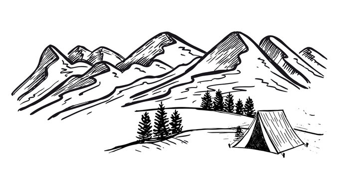 Mountain landscape, Sketch Camping in nature, vector illustrations.	
