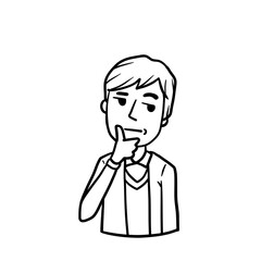 Young thoughtful man holds hand to chin. Dreamy and pensive guy. Gesture of doubt. Complex issue. Solve problems. Suspicion and distrust. Cartoon hand drawn sketch. brooding and wistful emotion