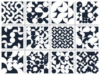 Obraz na płótnie Canvas Geometric abstract seamless patterns set with black and white simple elements of geometry, wallpaper backgrounds in retro 70s style, Bauhaus constructive style tiles.