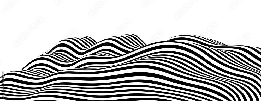 Poster abstract vector 3d lines background, black and white curves linear perspective dimensional terrain o