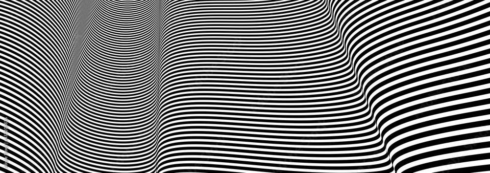 Poster abstract vector 3d lines background, black and white linear perspective dimensional optical pattern.