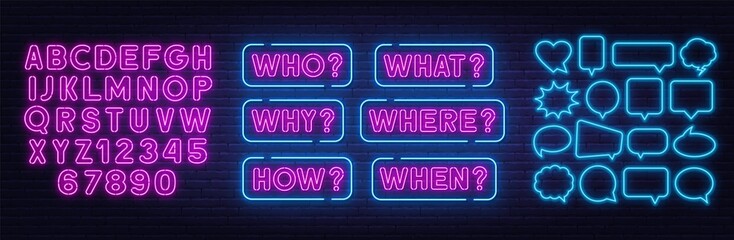 Who Why How What When Where neon sign on brick wall background . - obrazy, fototapety, plakaty
