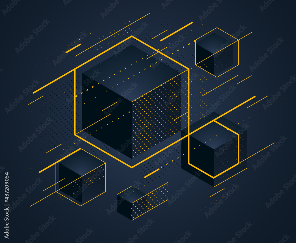 Poster abstract vector design with cluster of black 3d cubes with golden elements vector background, royal 